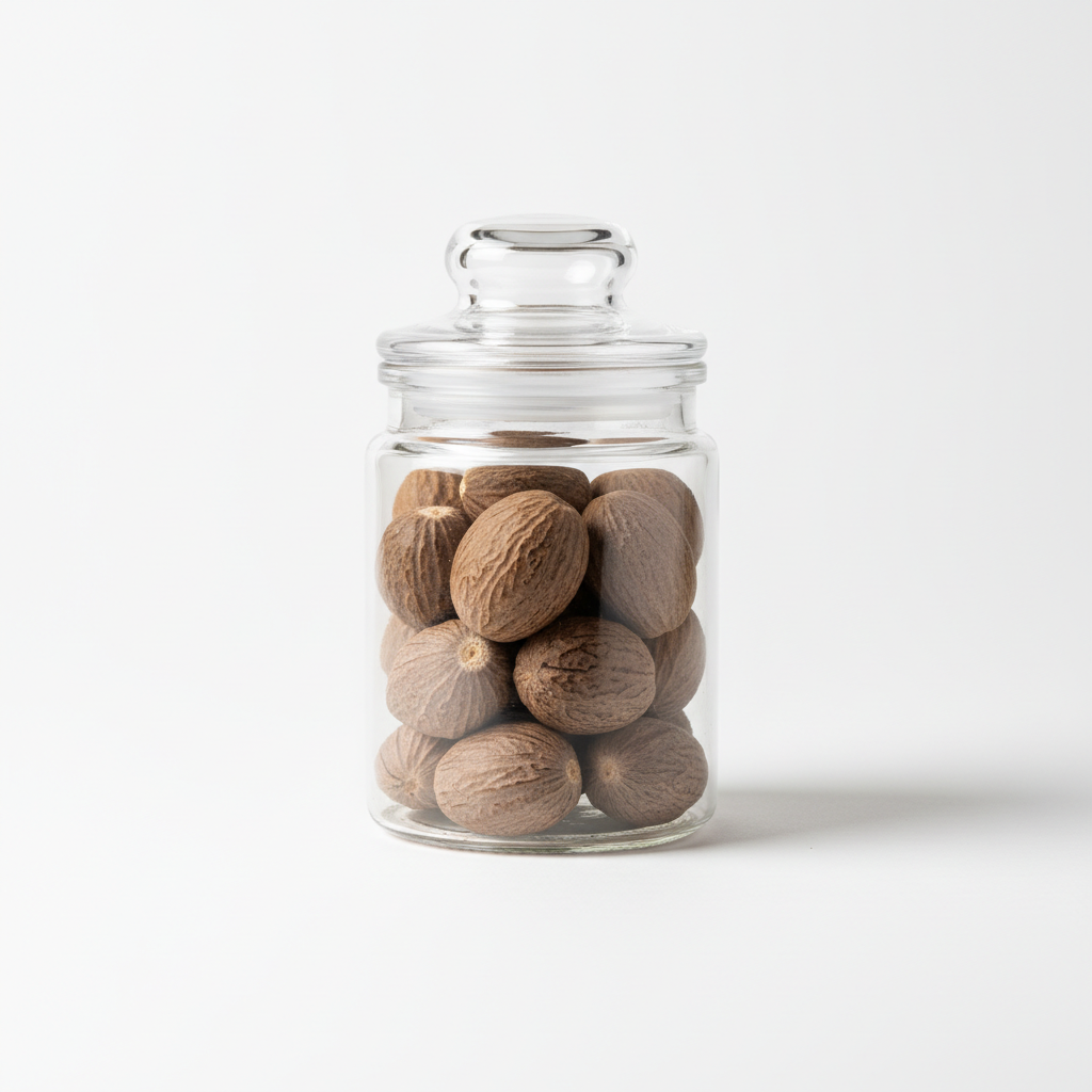 whole nutmeg in a glass jar