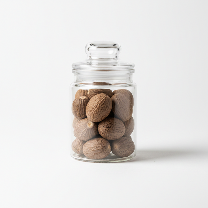 whole nutmeg in a glass jar